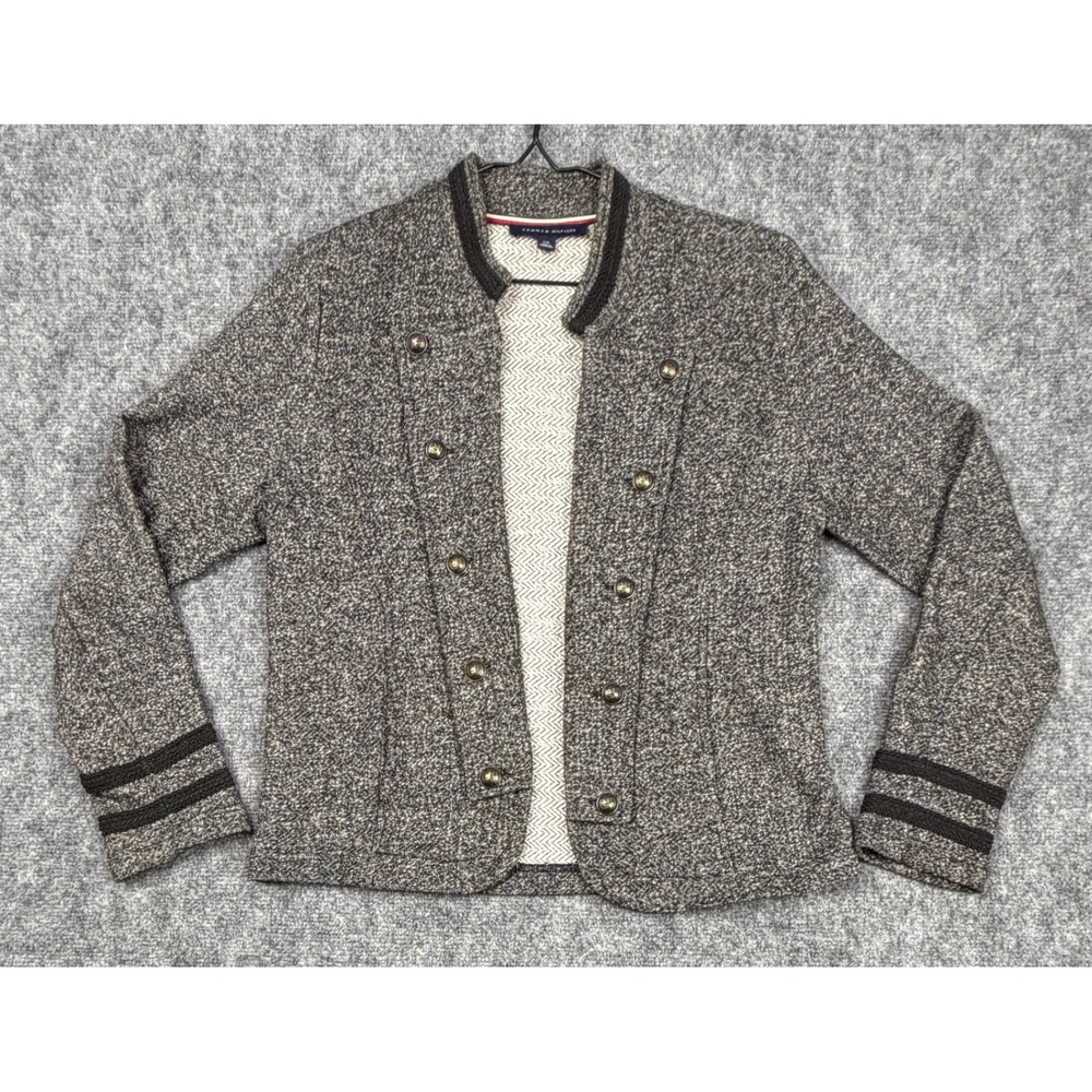 Tommy Hilfiger Gray Marled Military Knit Jacket Brass Crest Button Womens Large